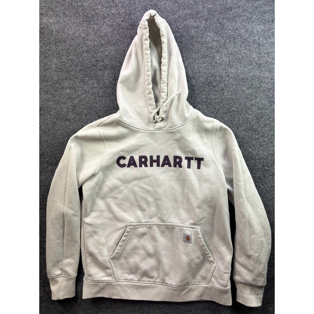 Carhartt Hoodie Women Large Cream Purple Logo Relaxed Fit Pullover Sweatshirt